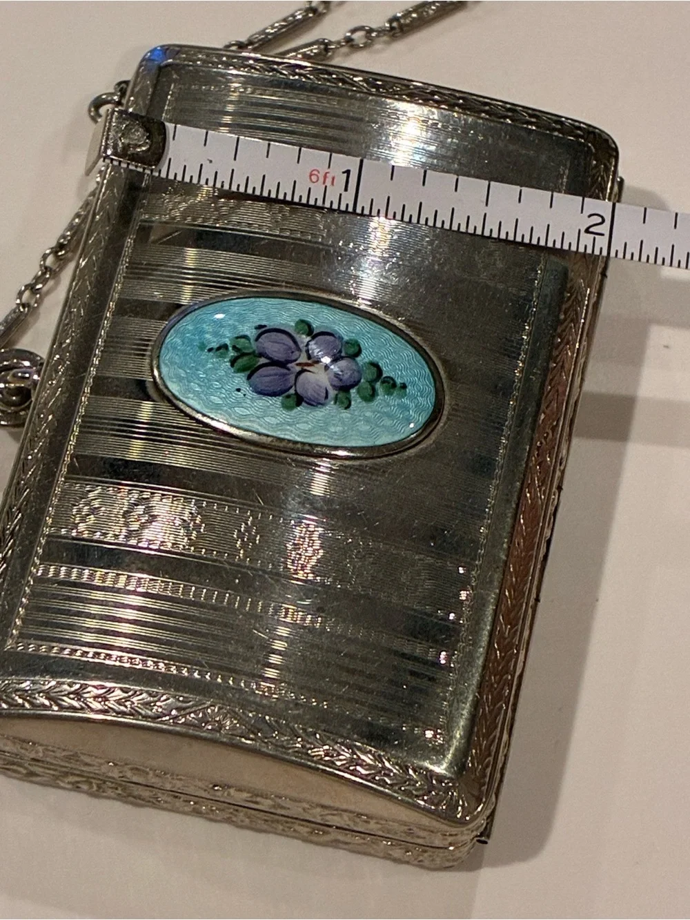 1920s Art Deco guilloché enamel compact dance purse, manufactured by the Finberg